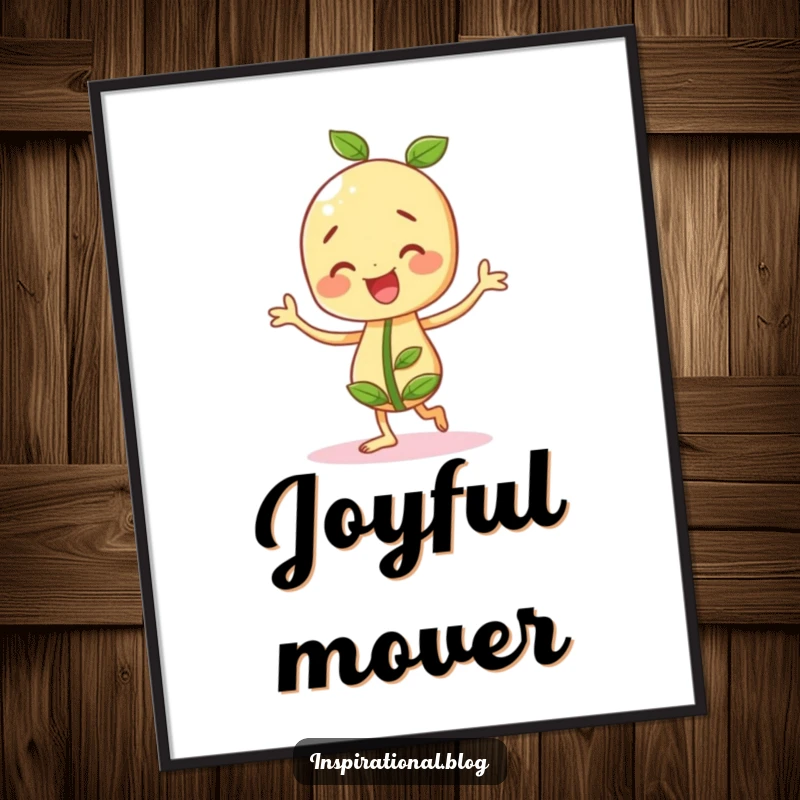 Funny, cheerful seedling character in a lively jig, full of energy, presented as a digital art print.