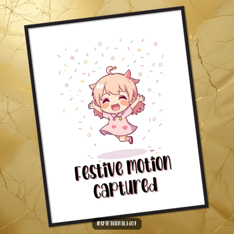 Funny digital art print of a character dancing energetically, showered in colorful confetti, perfect for festive and humorous decor.