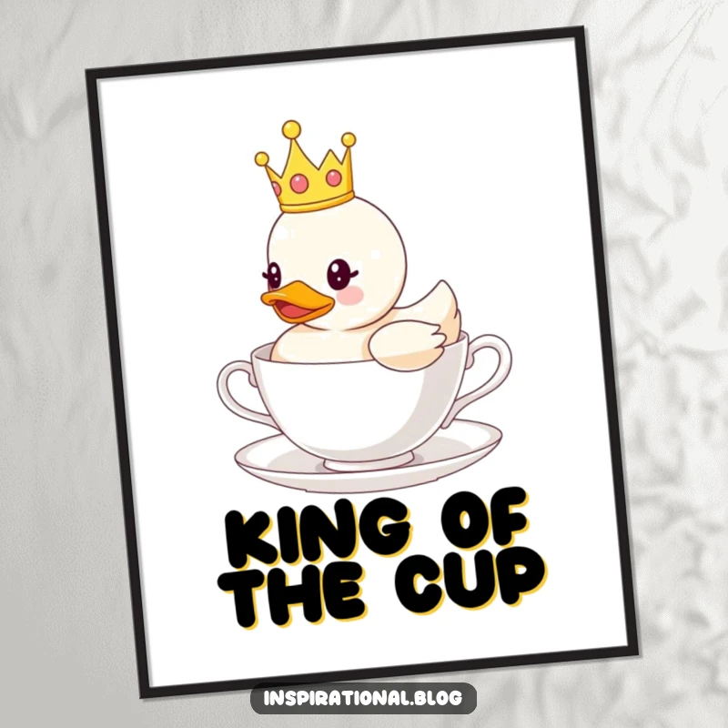 Funny digital art print of a rubber duck wearing a crown, floating on a teacup, perfect for instant whimsical decor and charm.