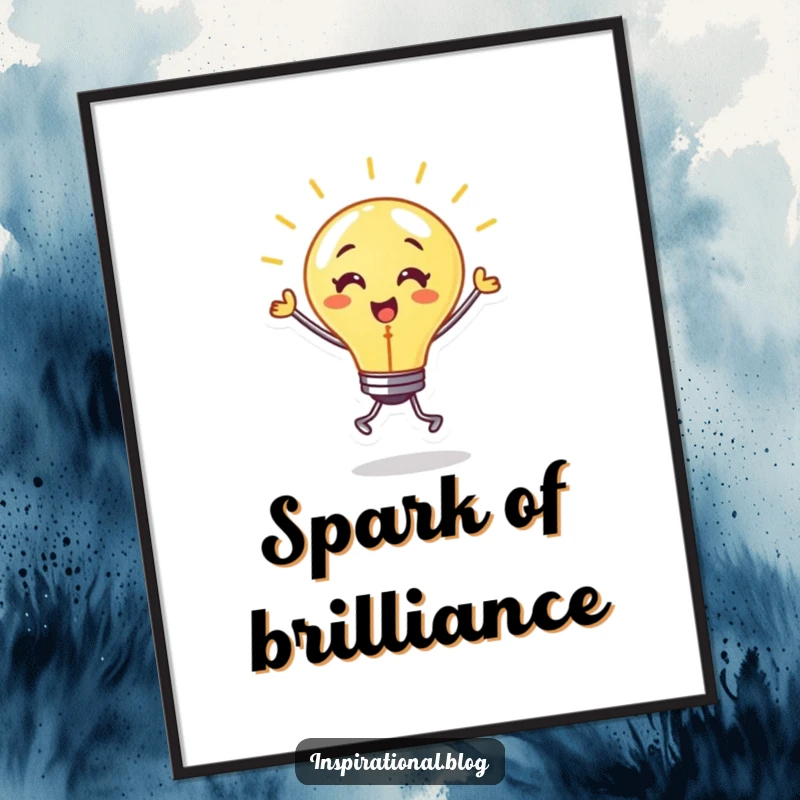 Funny digital art print of a dancing lightbulb character with a warm glow and energetic movement, symbolizing creativity.