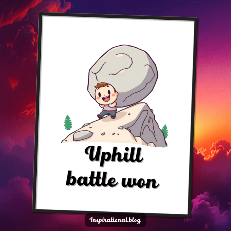 Funny digital art print of a small, determined character pushing a giant boulder uphill with a cheerful grin, for decor.