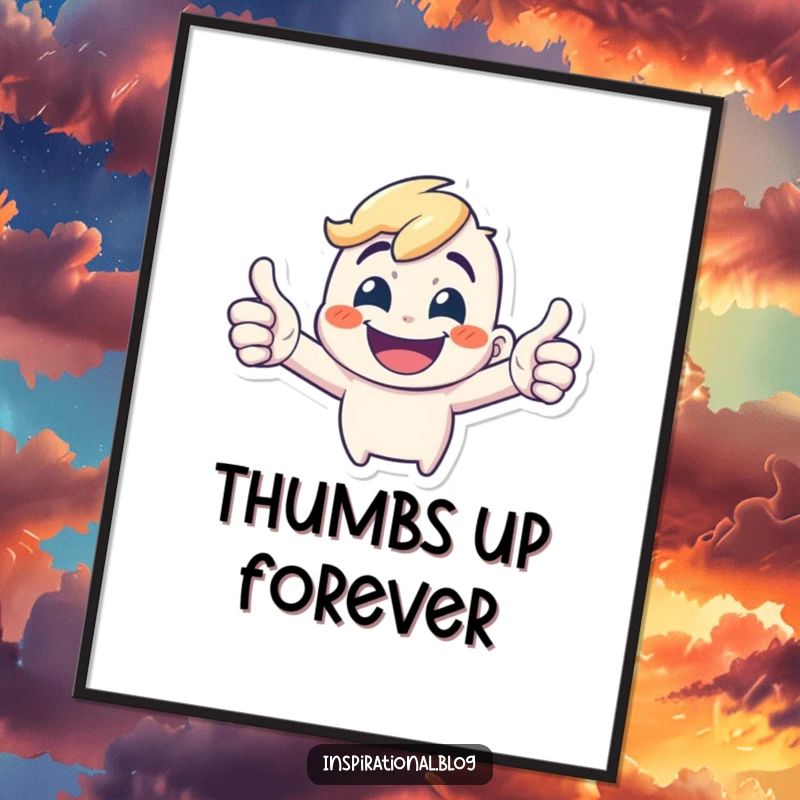 Funny Digital Art: A tiny, energetic character beams with a wide grin, giving a double thumbs-up of approval.