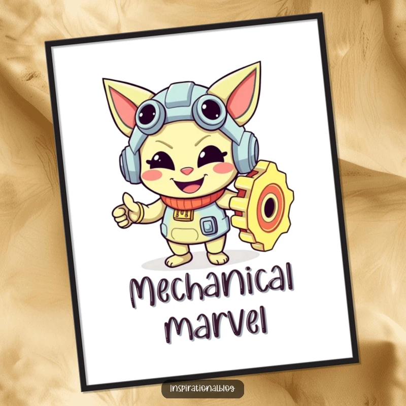 Funny, mischievous gear character with a smile, depicted in motion, as a digital art print.