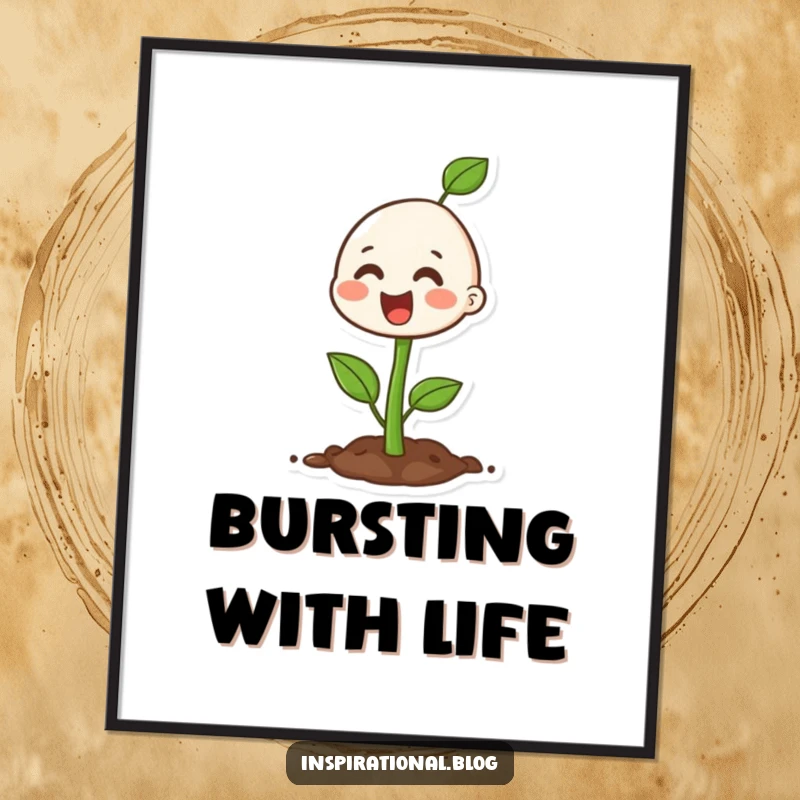 Funny happy seedling character bursting with vibrant colors in a digital art print, symbolizing growth.