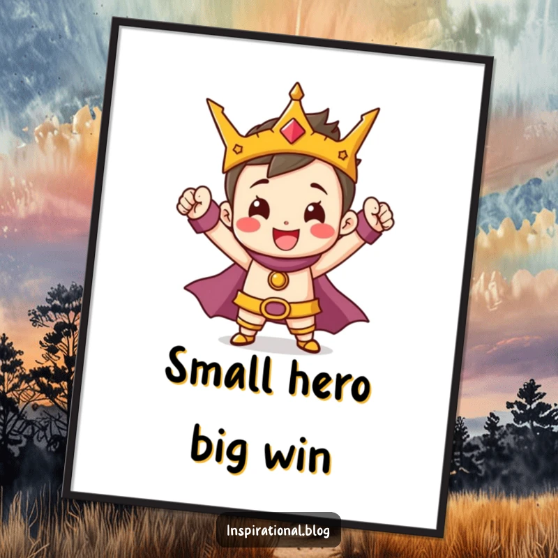 Funny Hero Digital Art Print showing a cheerful, tiny character striking a heroic pose, ideal for motivational wall decor.