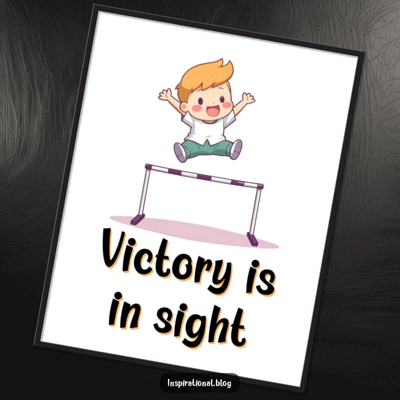 Funny digital art print of a character joyfully leaping over a hurdle, representing triumph, energy, and overcoming challenges.