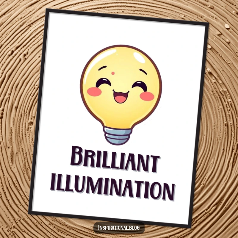Funny digital art of a joyful lightbulb character shining brightly, offering downloadable inspiration and humor.
