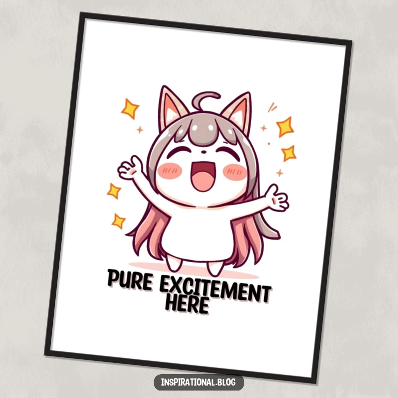 Funny digital art print of a kawaii character cheering loudly, surrounded by vibrant starbursts, for energetic decor.