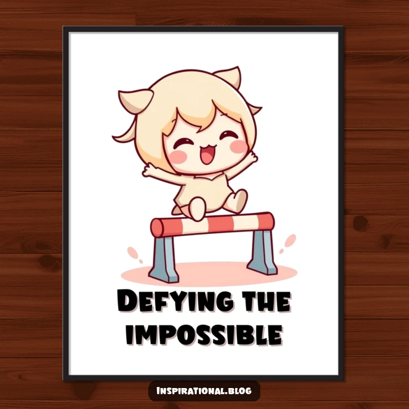 Funny digital art print of a kawaii character joyfully leaping over a small obstacle, a vibrant and humorous addition to any digital collection.