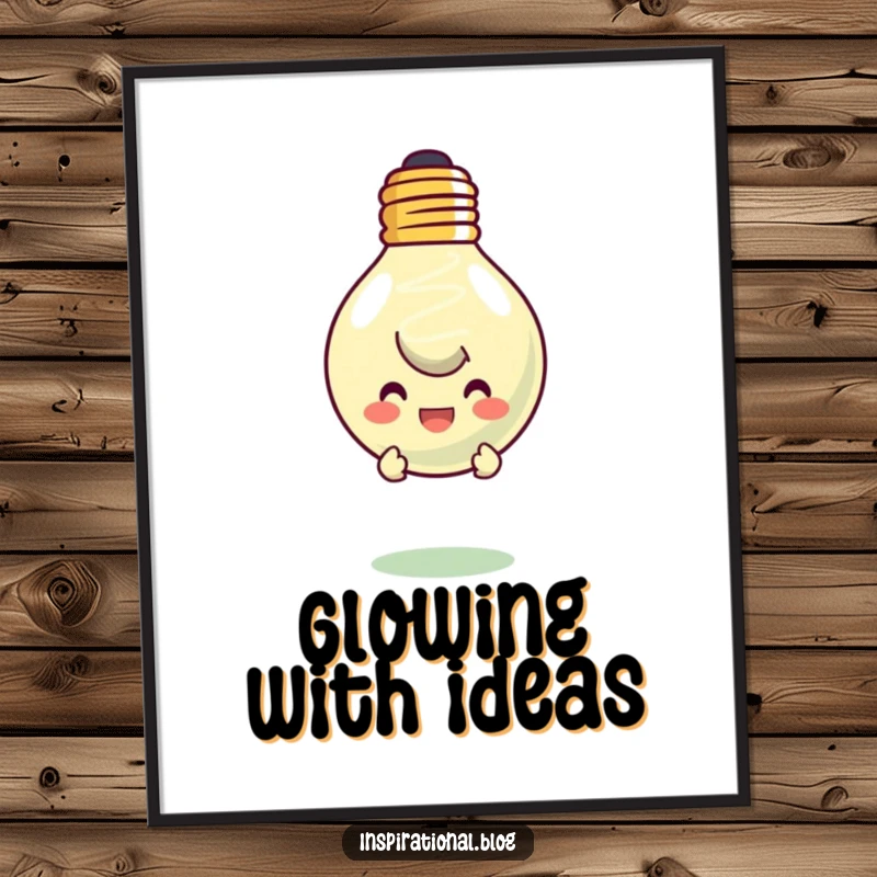 Funny digital art print of a character peeking from behind a smiling, floating lightbulb. High-quality and full of bright ideas.