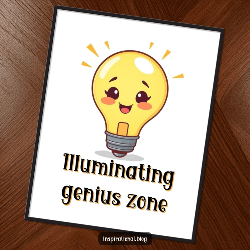 Funny digital art print of a smiling lightbulb character having a sudden idea, symbolizing creativity and inspiration.