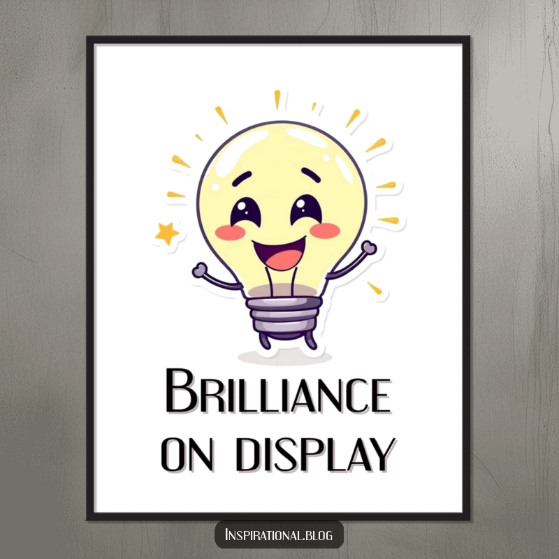 Funny Digital Art Print of a grinning lightbulb character bursting with colorful ideas, symbolizing instant creativity and humor.