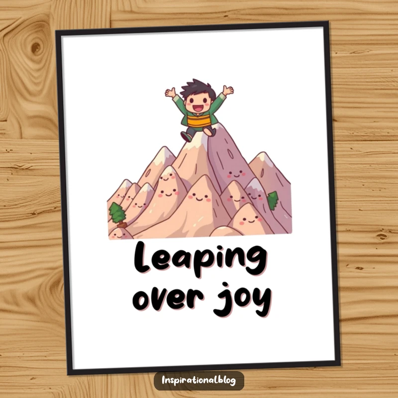 Funny digital art print of a joyful character leaping over smiling, stylized mountains. High-quality and full of adventure.