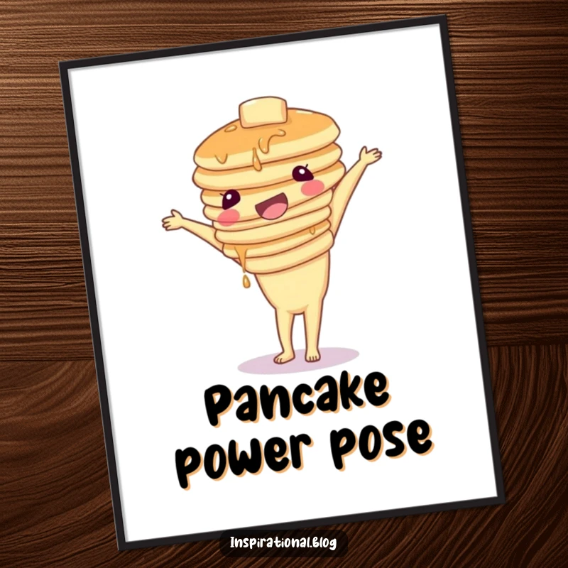 Funny digital art print of a wobbly stack of pancakes attempting a handstand, perfect for instant whimsical breakfast decor and humor.