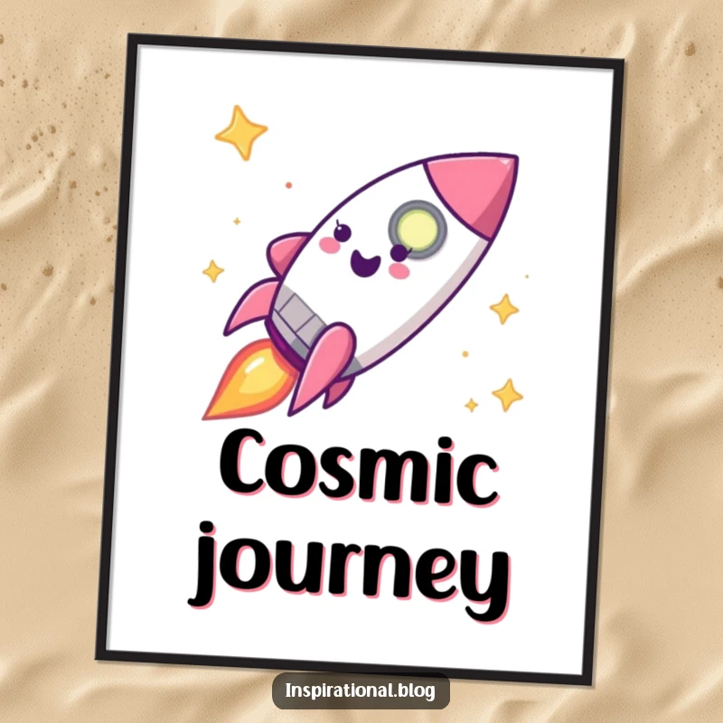 Funny happy rocket ship character blasting off in a digital art print, symbolizing adventure.