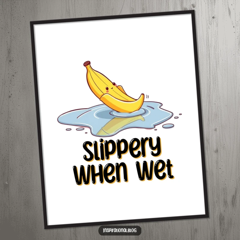 Funny digital art print of a banana peel comically slipping on a puddle, perfect for instant slapstick decor and humor.