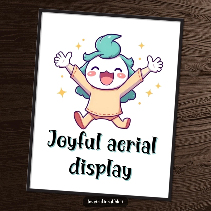 Funny digital art print of a character joyfully leaping with arms outstretched, surrounded by a magical burst of colorful sparkles.