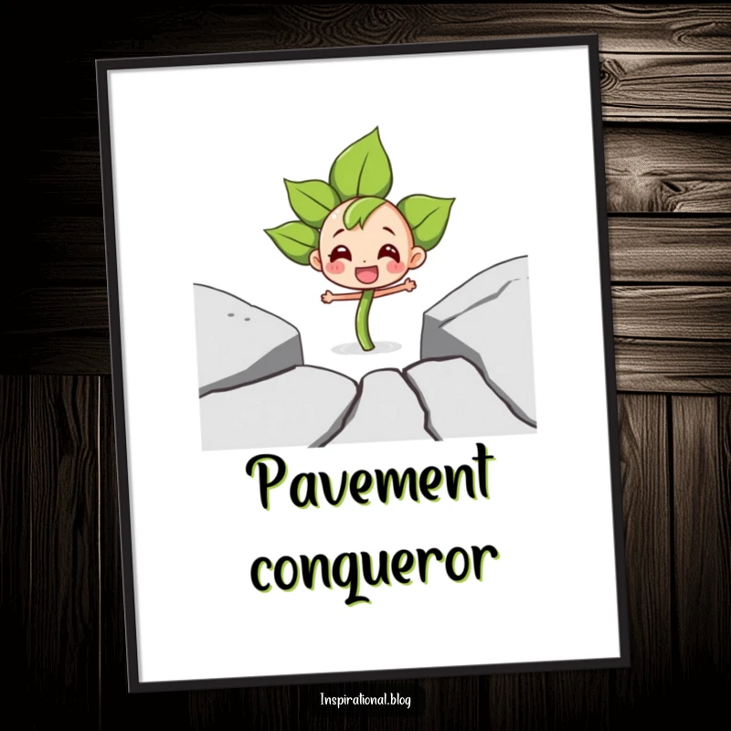 Funny digital art print of a determined sprout character joyfully pushing through a large pavement crack, symbolizing growth and strength.