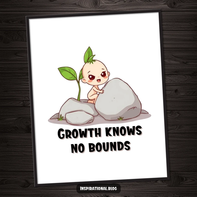 Funny Digital Art: Printable artwork of a small sprout character with a determined expression pushing a huge rock.