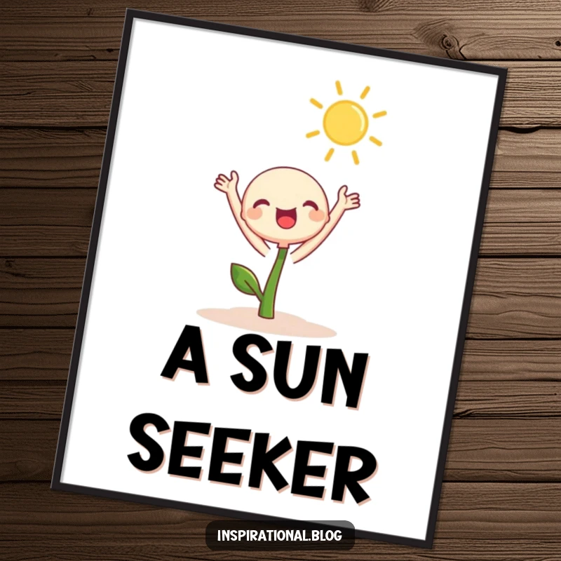 Funny Digital Art illustration of a cute sprout character joyfully reaching towards a brilliant sun, embodying hope, growth, and radiant happiness.