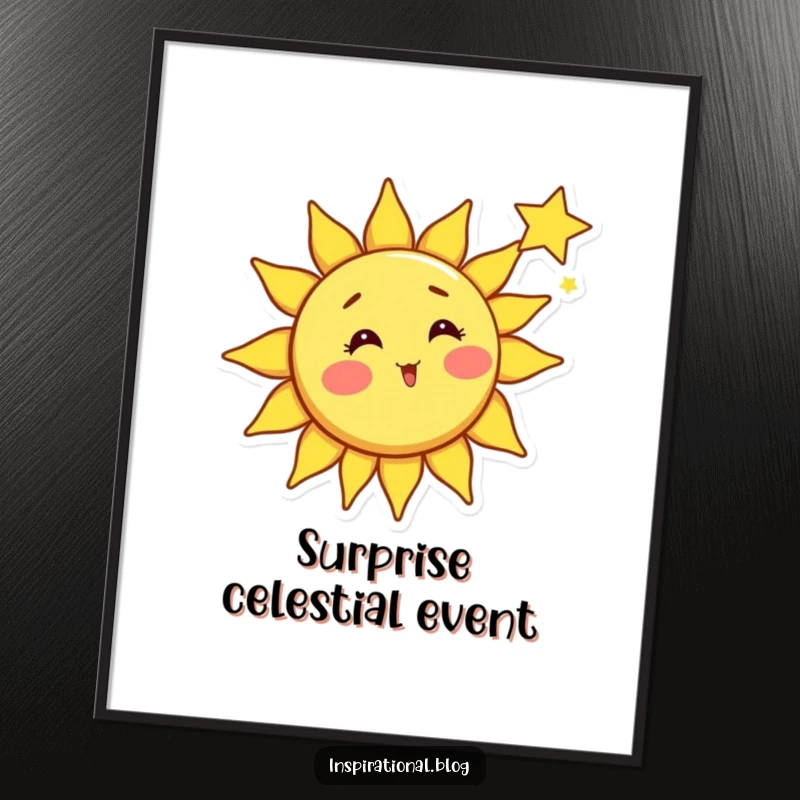 Funny sun digital art print, bright sun character with rosy cheeks surprised by a shooting star, celestial art, wall decor.