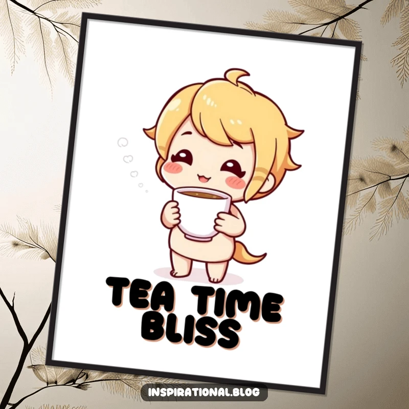 Funny digital art print of a cheerful character offering a cup of tea, bringing instant warmth and comfort.