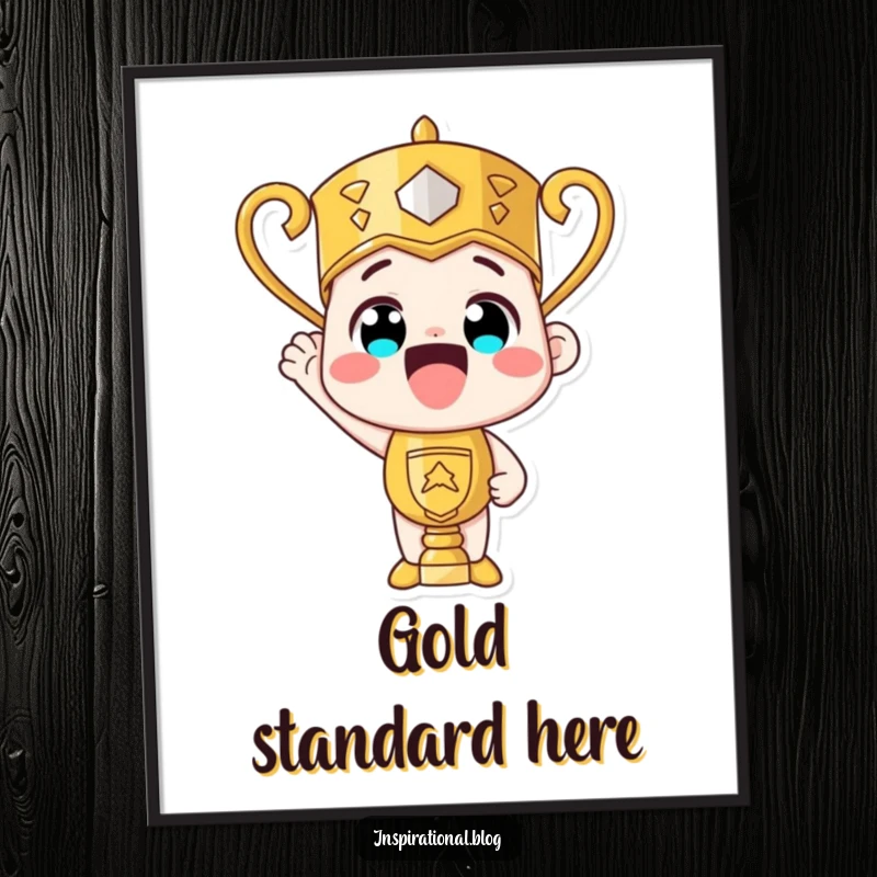 Funny trophy character beaming with pride, a digital art print for instant humorous celebration and decor.