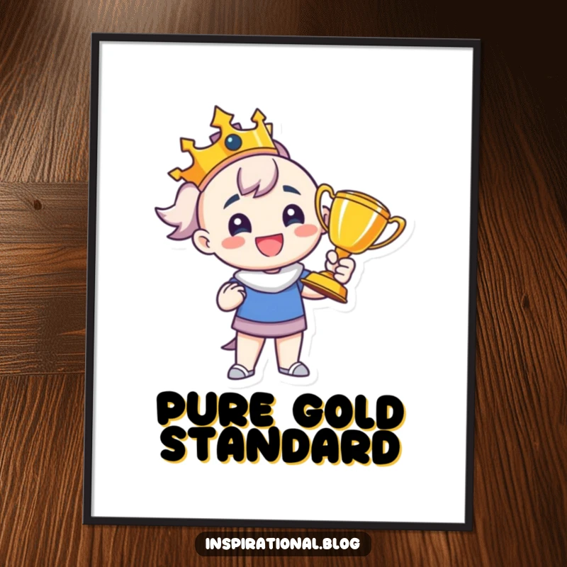 Funny digital art print of a proud character beaming with a trophy, symbolizing victory and achievement in a humorous and celebratory way.