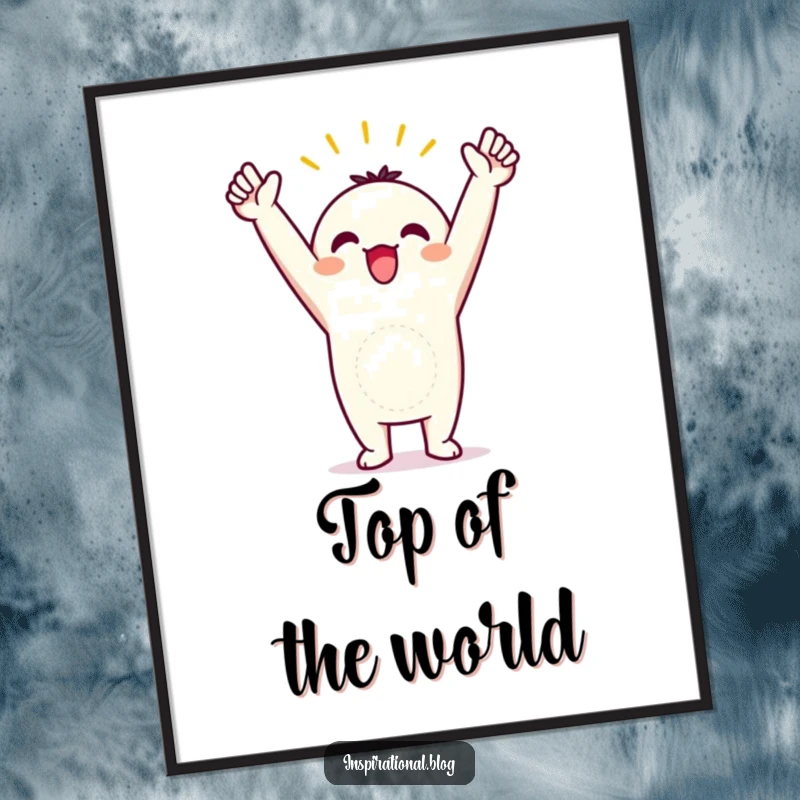 Funny digital art of a kawaii character striking a triumphant pose with arms raised in the air, celebrating success.
