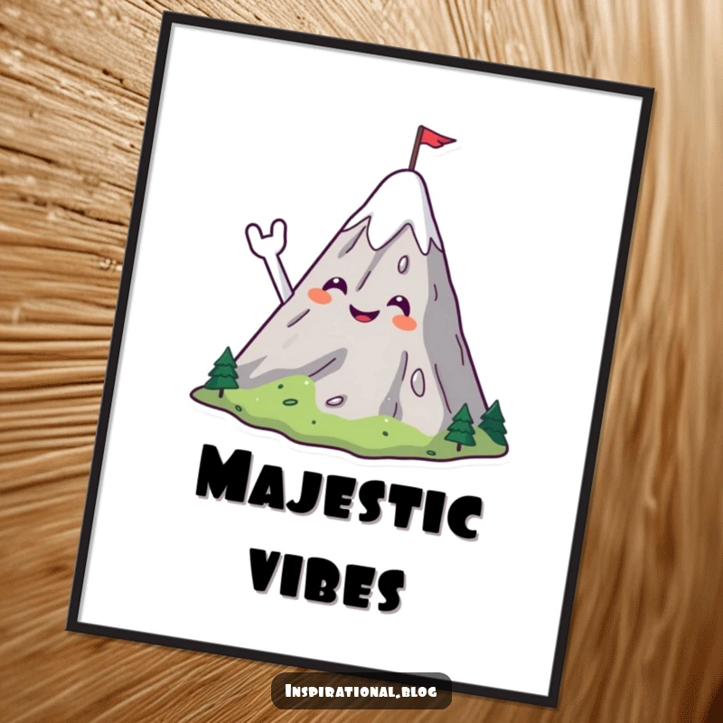 Funny digital art print of a smiling mountain character cheerfully waving with a small flag, symbolizing adventure.