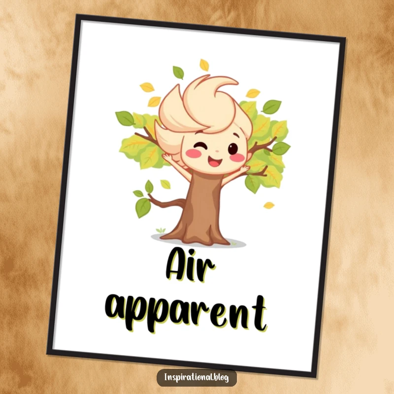 Funny digital art print of a lively wind gust character scattering leaves near a happy smiling tree, for instant decor.