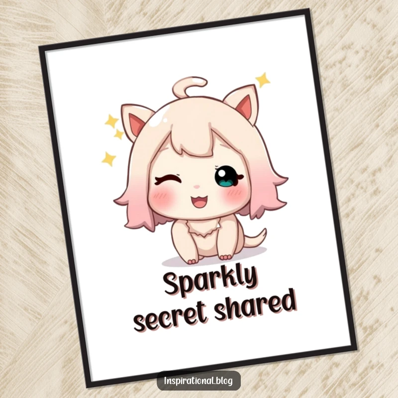 Funny digital art print of a little character giving a playful, sparkly wink and a happy sigh, full of charm.