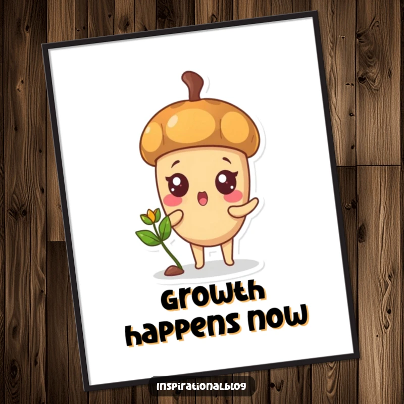 Funny digital art print of a surprised acorn character sprouting a happy sprout, symbolizing growth.