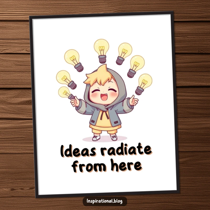 Funny digital art print of a character juggling multiple illuminated light bulbs, symbolizing brilliant ideas and playful energy.