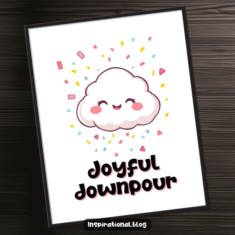 Funny digital art of a giggling cloud character raining colorful confetti, offering downloadable festive cheer and humor.