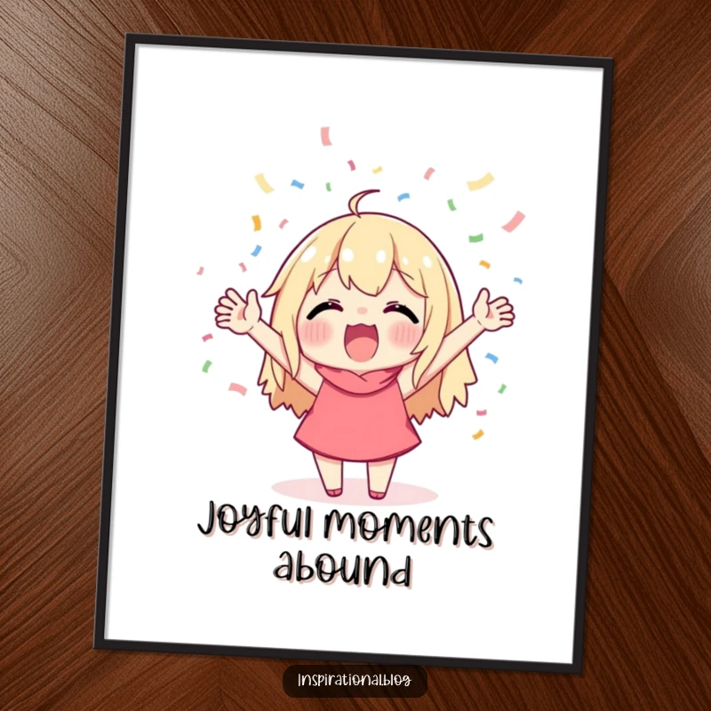 Funny digital art print of a character cheering exuberantly with confetti raining down, symbolizing excitement, celebration, and pure happiness.