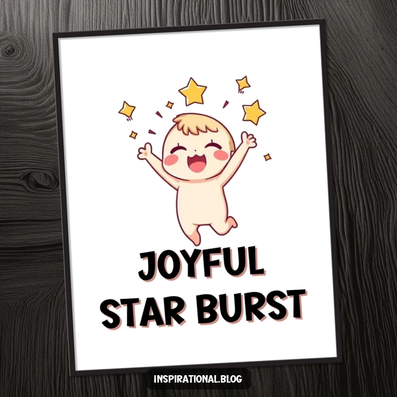 Funny Digital Art Print: A tiny character leaps with explosive joy, stars bursting dynamically around its head, capturing a moment of pure elation.