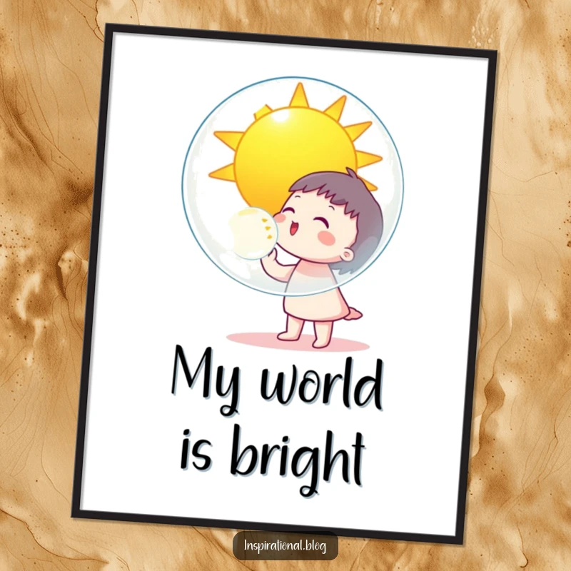 Funny character blowing a giant bubble reflecting a smiling sun, depicted as cheerful digital art for instant download.