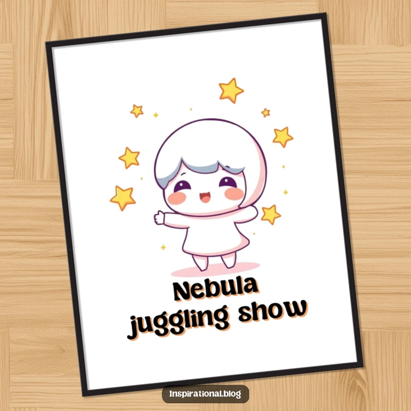 Funny digital art print of a beaming character joyfully juggling glowing stars, perfect for vibrant and humorous home decor.