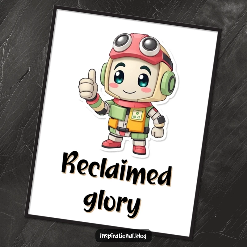 Funny digital art print of a positive recycled character made of various parts, giving a bold thumbs-up.