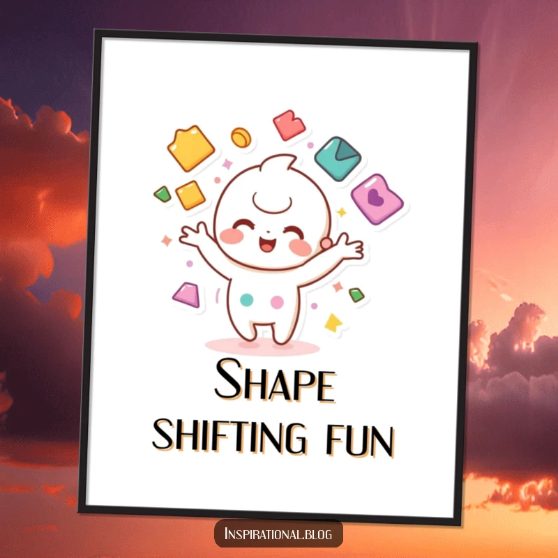 Funny digital art print of a kawaii character juggling colorful shapes, for dynamic and cheerful digital decor.