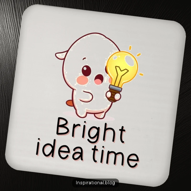 Funny drink coasters featuring a surprised kawaii character holding a glowing lightbulb, representing a moment of inspiration.