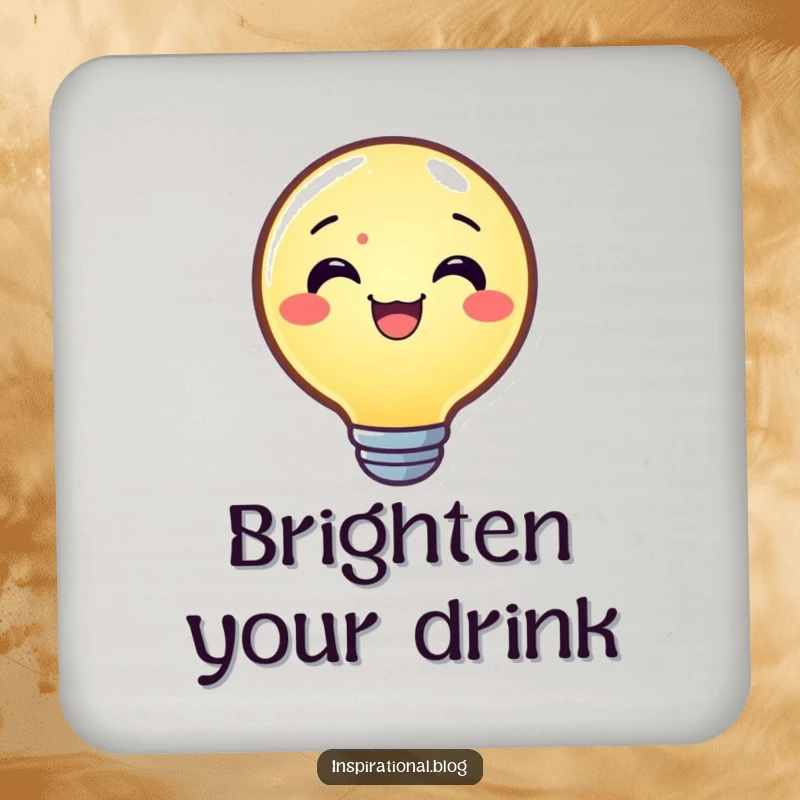 Funny drink coasters featuring a joyful lightbulb character shining brightly, protecting surfaces with ideas and humor.