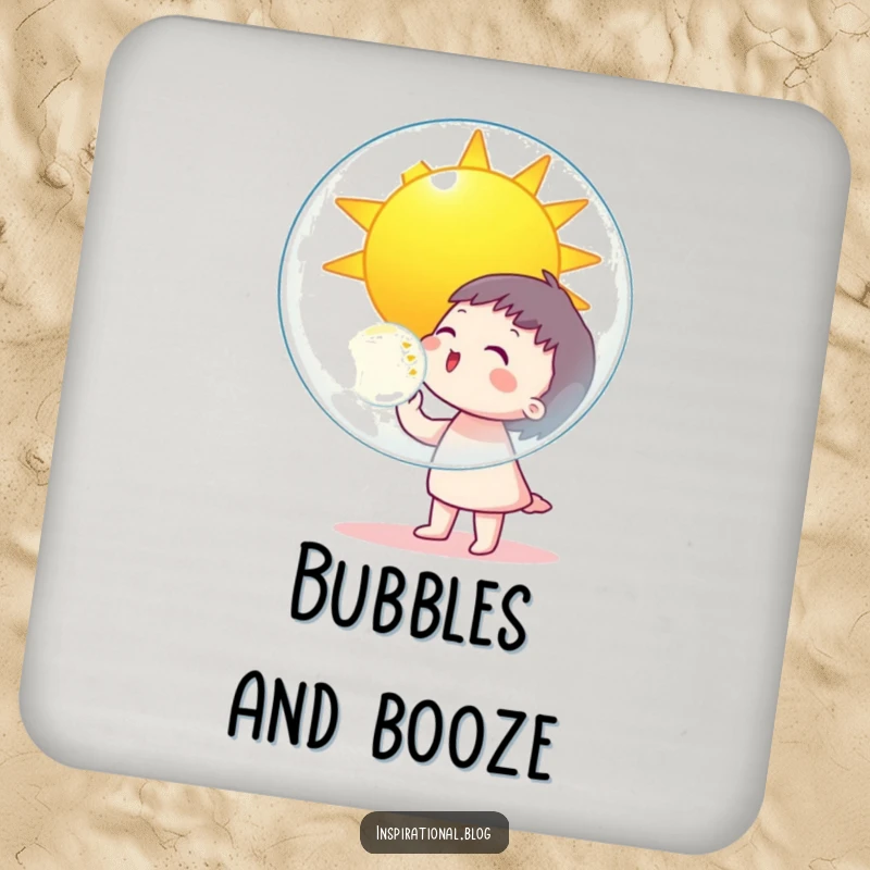 Funny character blowing a giant bubble reflecting a smiling sun on drink coasters, adding sunny cheer to any table.