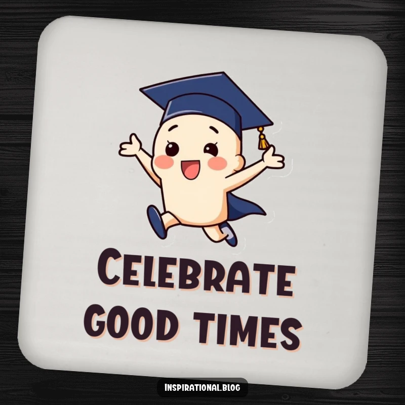 Funny graduation cap character captured mid-leap, a set of coasters adding humor and protection.