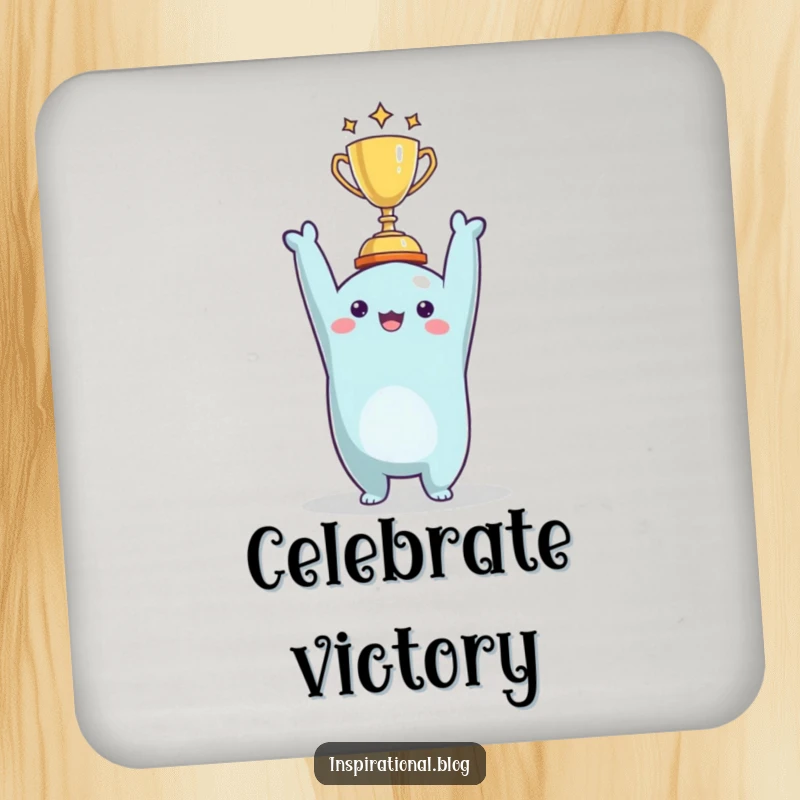 Funny character holding a tiny trophy on drink coasters, adding a humorous touch to any beverage station.