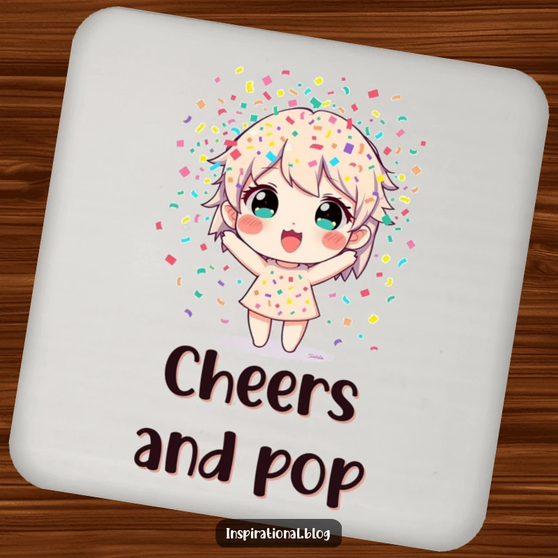 Funny drink coaster featuring a character bursting with colorful confetti, adding a festive and humorous touch.