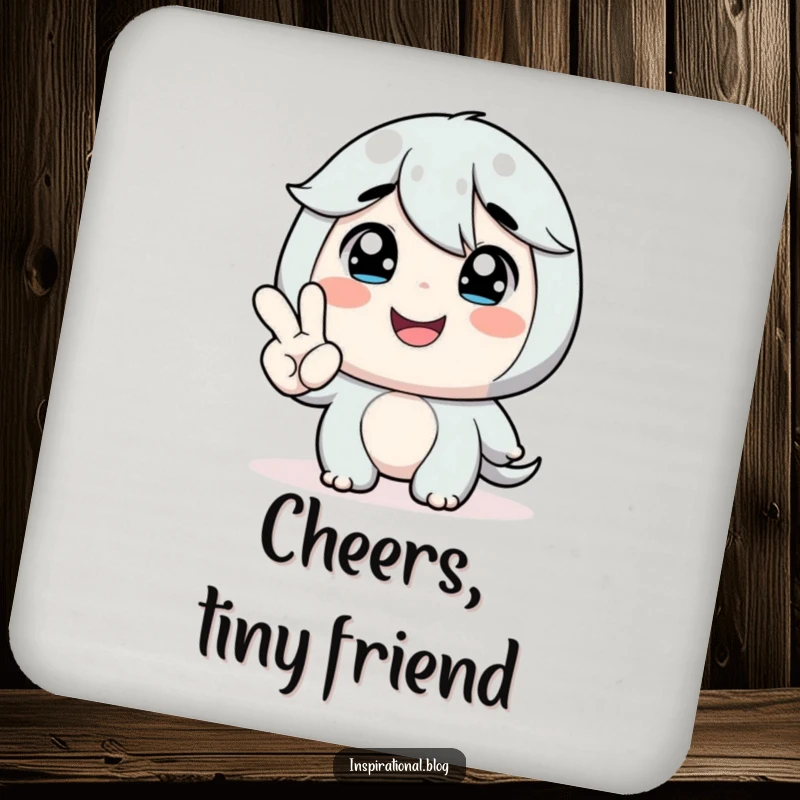 Funny drink coaster showing a character smiling at a tiny hand offering encouragement, protecting surfaces with a heartwarming design.