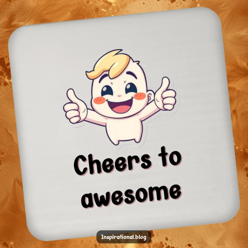 Funny Coasters: A tiny, energetic character gives a wide grin and a double thumbs-up, protecting surfaces with cheer.