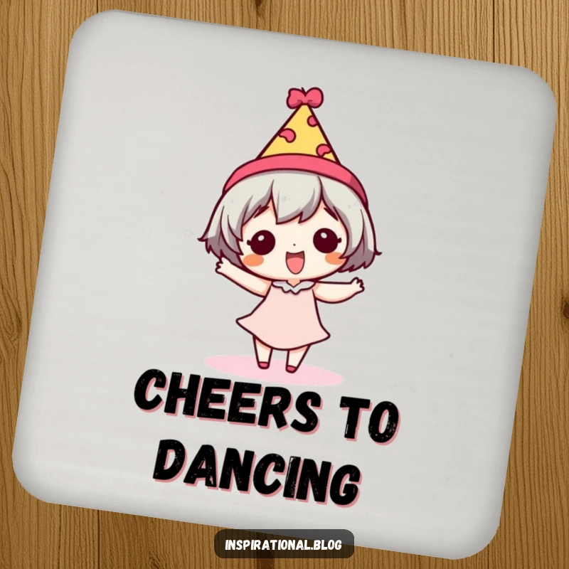Funny drink coaster featuring a tiny character doing a silly dance wearing a festive hat, adding charm.